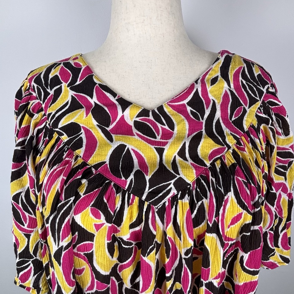 Go Softly Dress L Pink Yellow Midi Pockets Flowy Muu Muu Loose House Crinkle